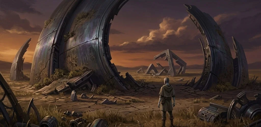 Atmospheric wide-shot painting of Numerian ruins at dusk