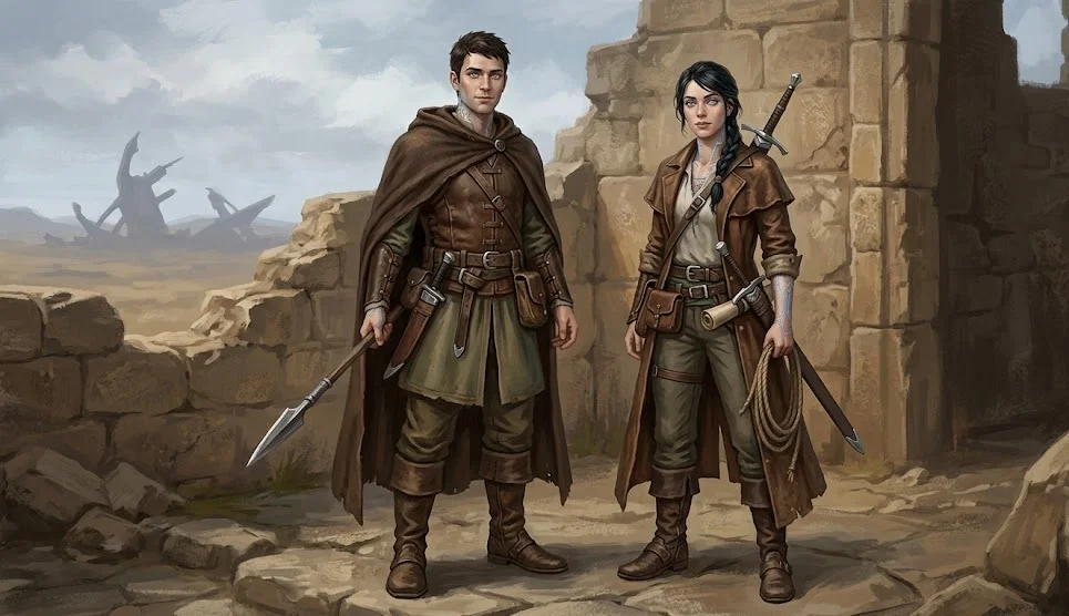 Full-body character art of a male and female android side by side