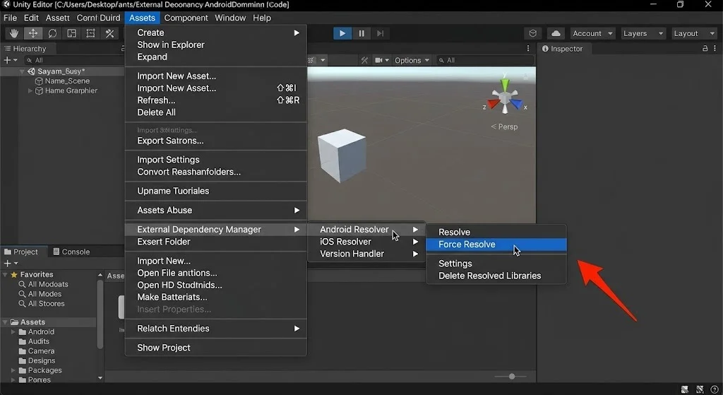 Screenshot of Unity's menu path Assets