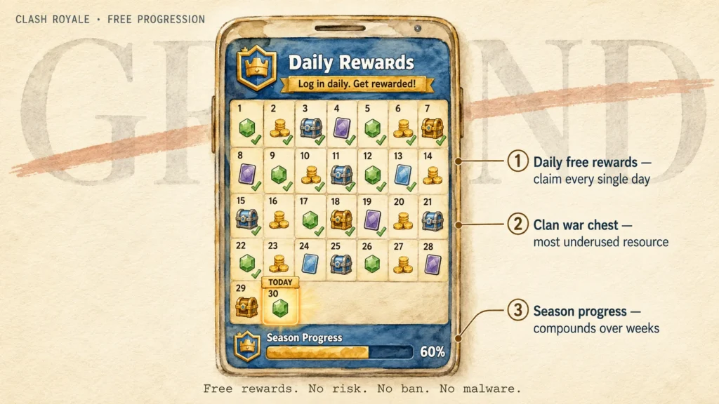 Clash Royale rewards calendar showing free daily progression