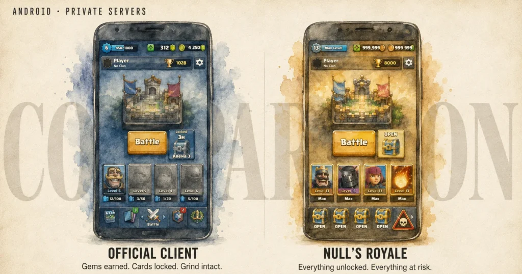Null's Royale lobby vs. official Clash Royale lobby