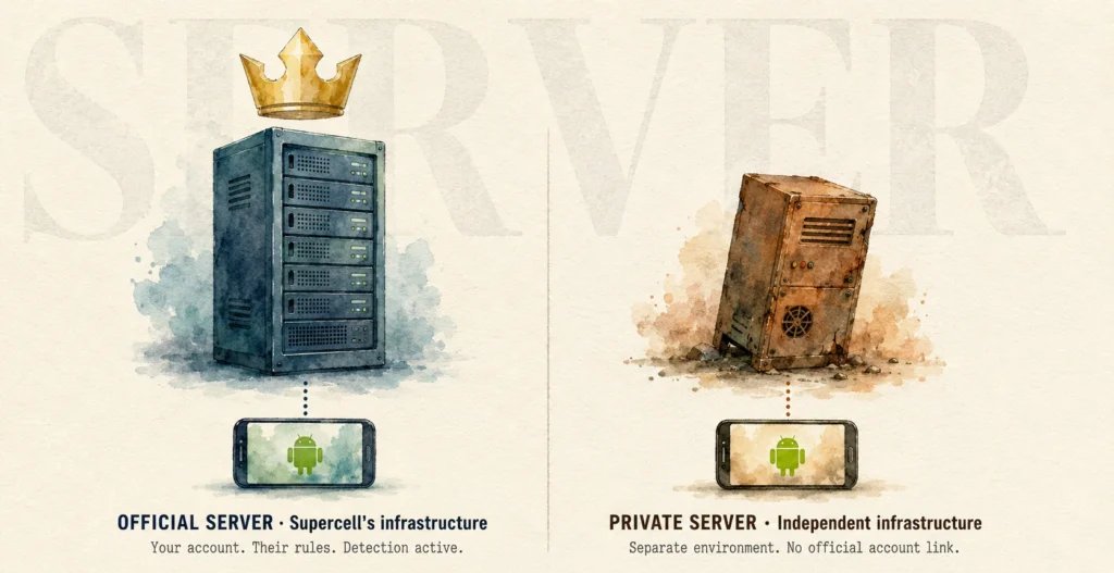 Official Clash Royale server architecture vs. a private server setup