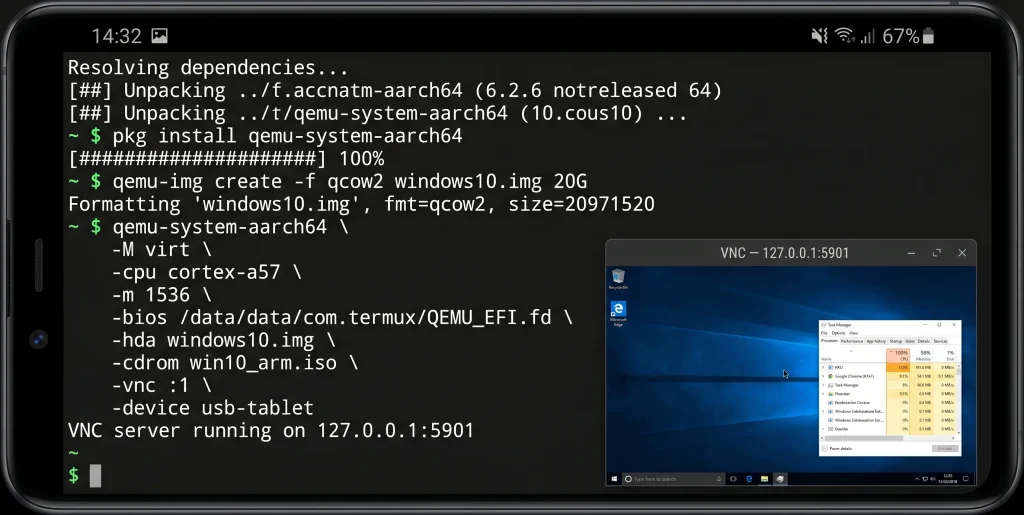 Running Windows 10 via QEMU inside Termux
