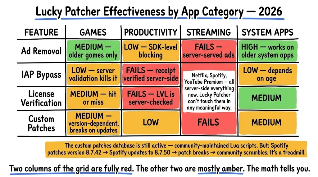 Lucky Patcher effectiveness by app category